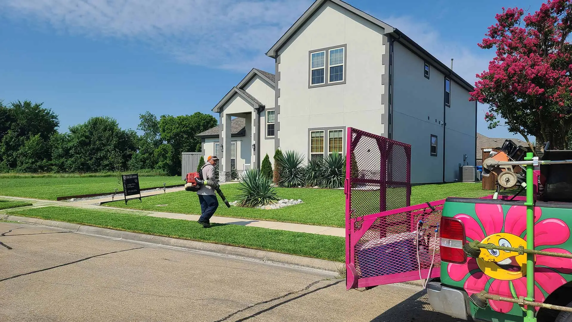 Arboreal employee leaf blowing in a client's lawn in Wylie, TX.