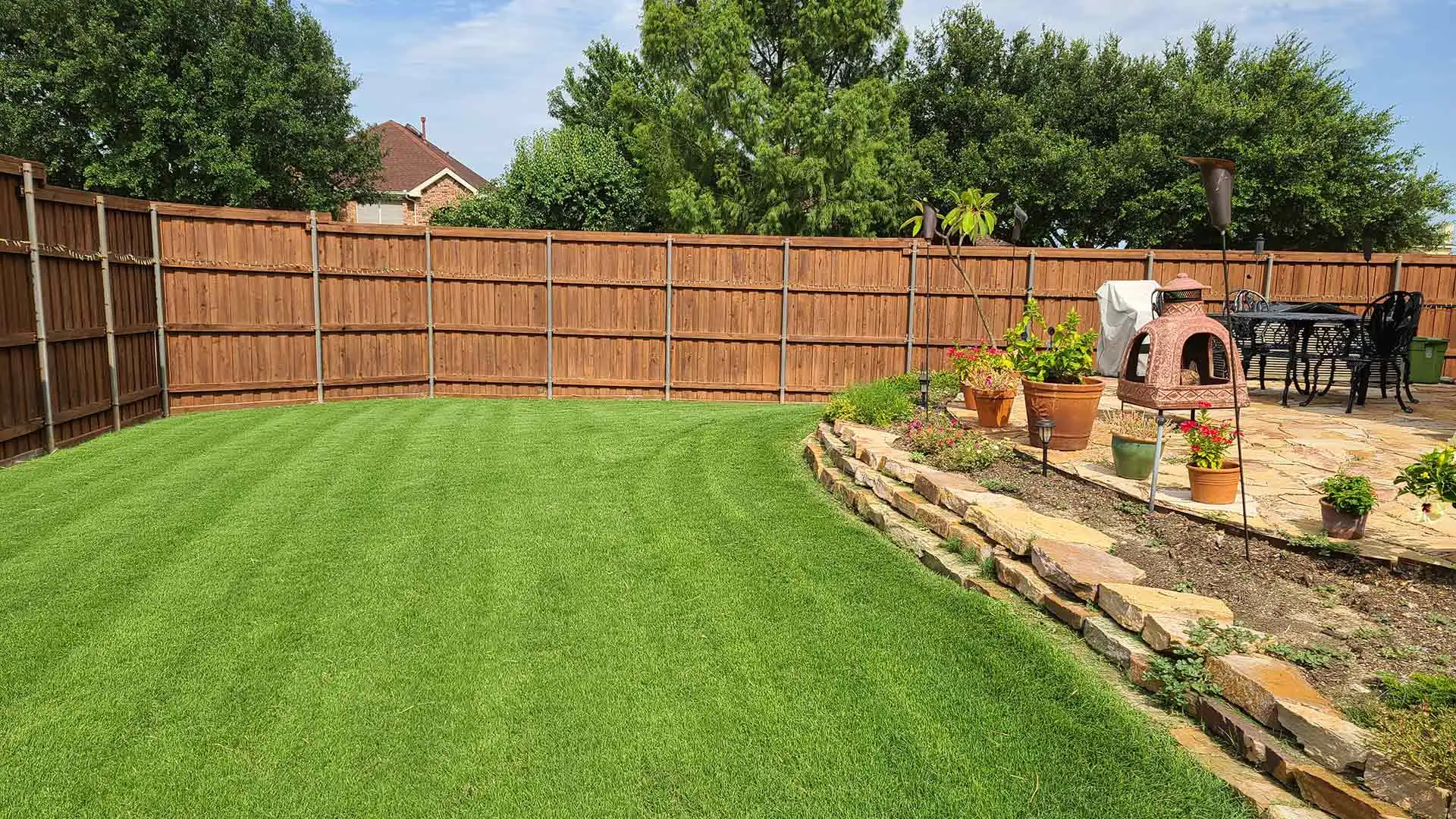 Freshly mowed lawn in backyard in Rockwall, TX.