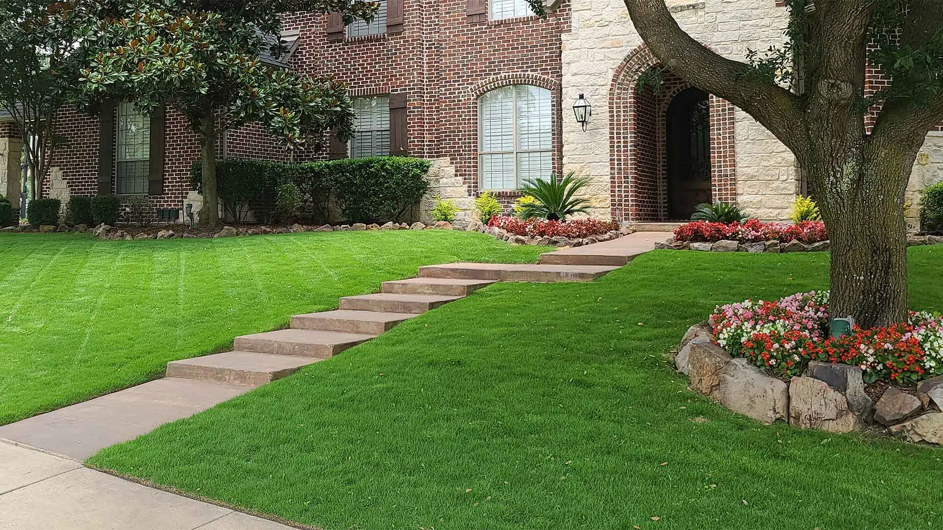 Beautiful yard with flowers in landscape bed surrounded by green grass near Wylie, TX.