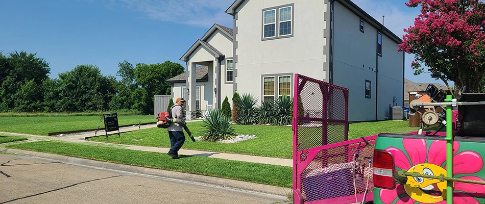 A professional from Arboreal leaf blowing in Garland, TX.